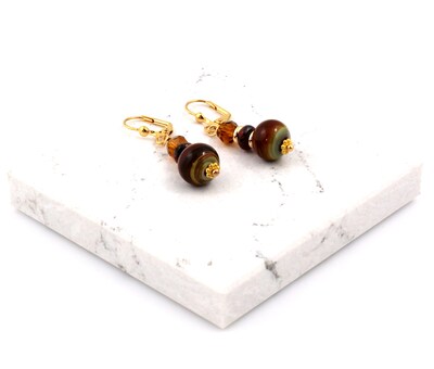 Petite Brown and Gold Color Dangle Earrings, Festive Fall Earrings, Lampwork Jewelry - image2